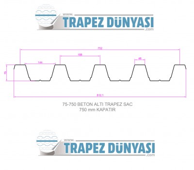 Beton Altı Trapez Sac 75/750 1.2 mm 1 metre Uzunluk